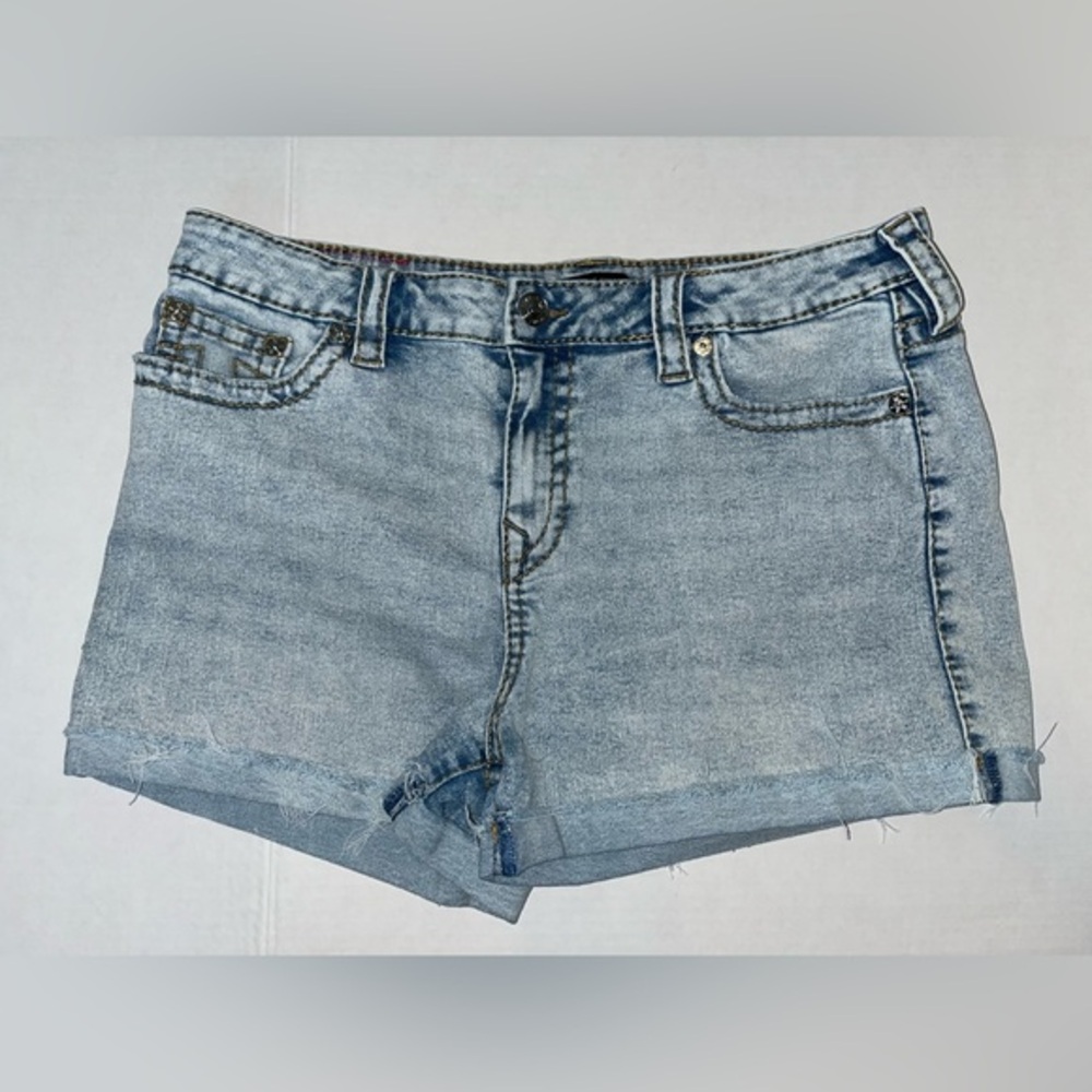 TRUE RELIGION Jennie Mid Rise Curvy denim jean shorts cut-offs Size 33